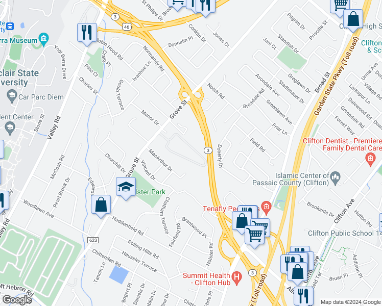 map of restaurants, bars, coffee shops, grocery stores, and more near 605 Grove Street in Clifton