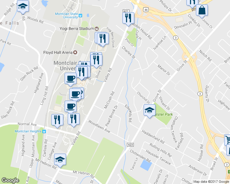 map of restaurants, bars, coffee shops, grocery stores, and more near 110 McCosh Road in Montclair