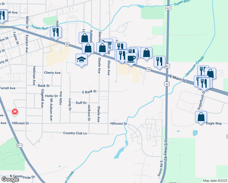 map of restaurants, bars, coffee shops, grocery stores, and more near 301 Sloan Avenue in Ashland