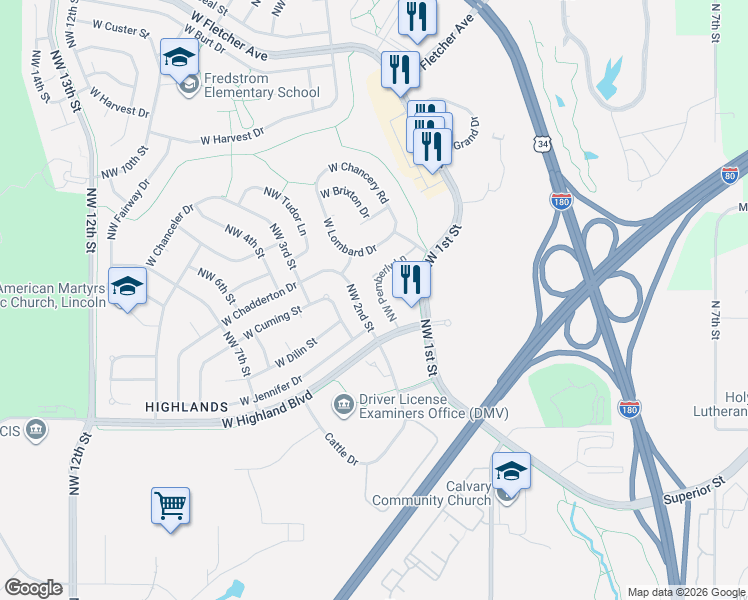 map of restaurants, bars, coffee shops, grocery stores, and more near 5000 Northwest 2nd Street in Lincoln