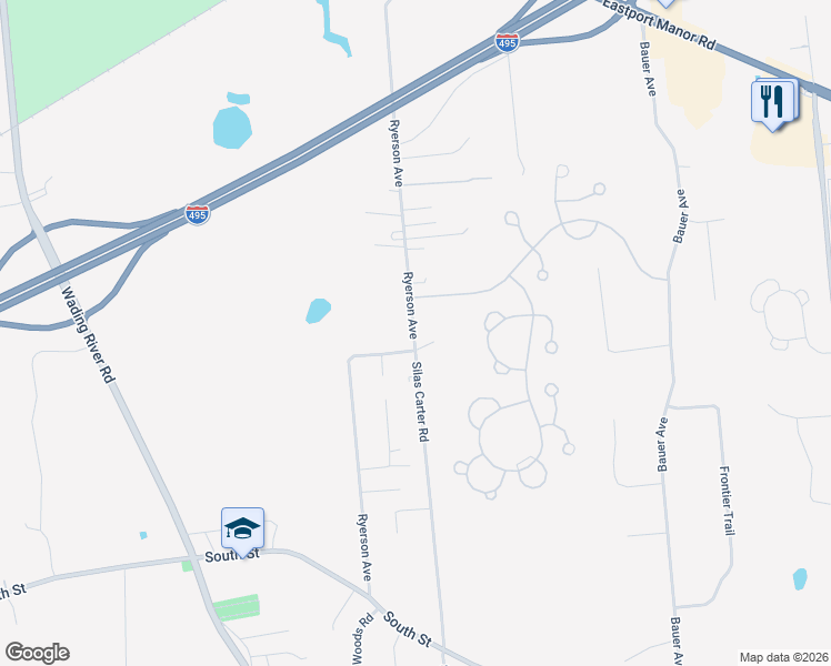 map of restaurants, bars, coffee shops, grocery stores, and more near 115 Ryerson Avenue in Manorville
