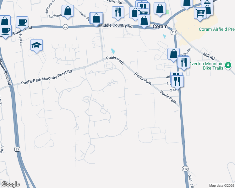 map of restaurants, bars, coffee shops, grocery stores, and more near 103 Birchwood Road in Coram