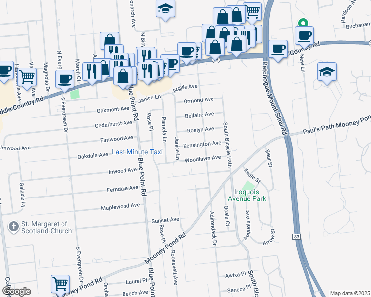 map of restaurants, bars, coffee shops, grocery stores, and more near 36 Kensington Avenue in Selden