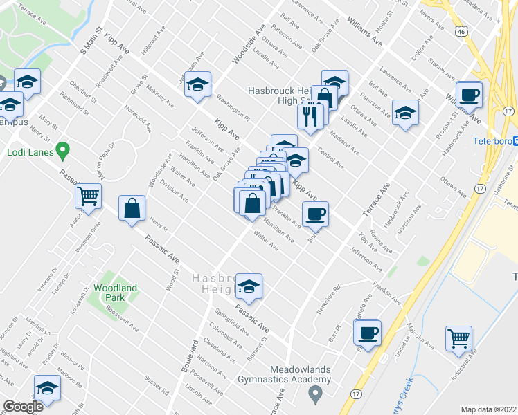 map of restaurants, bars, coffee shops, grocery stores, and more near 203 Boulevard in Hasbrouck Heights