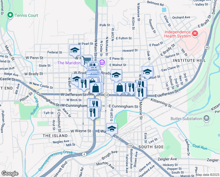 map of restaurants, bars, coffee shops, grocery stores, and more near 141 East New Castle Street in Butler