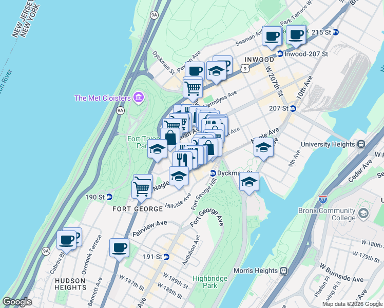 map of restaurants, bars, coffee shops, grocery stores, and more near 26 Arden Street in New York