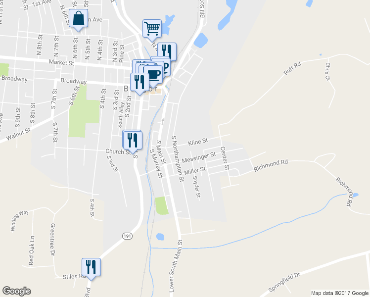 map of restaurants, bars, coffee shops, grocery stores, and more near 128 Kline Street in Bangor