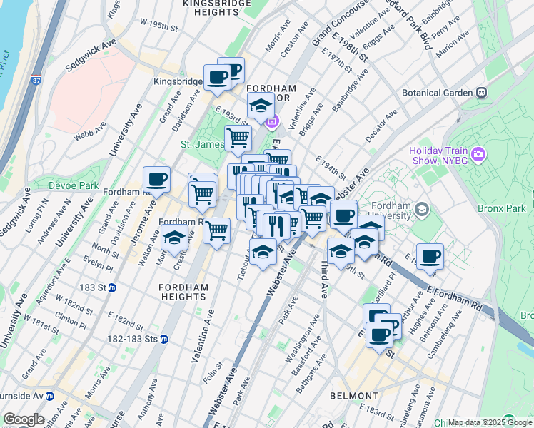 map of restaurants, bars, coffee shops, grocery stores, and more near 321 East Fordham Road in The Bronx