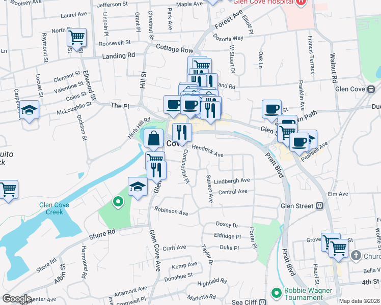 map of restaurants, bars, coffee shops, grocery stores, and more near 4 Johnson Street in Glen Cove