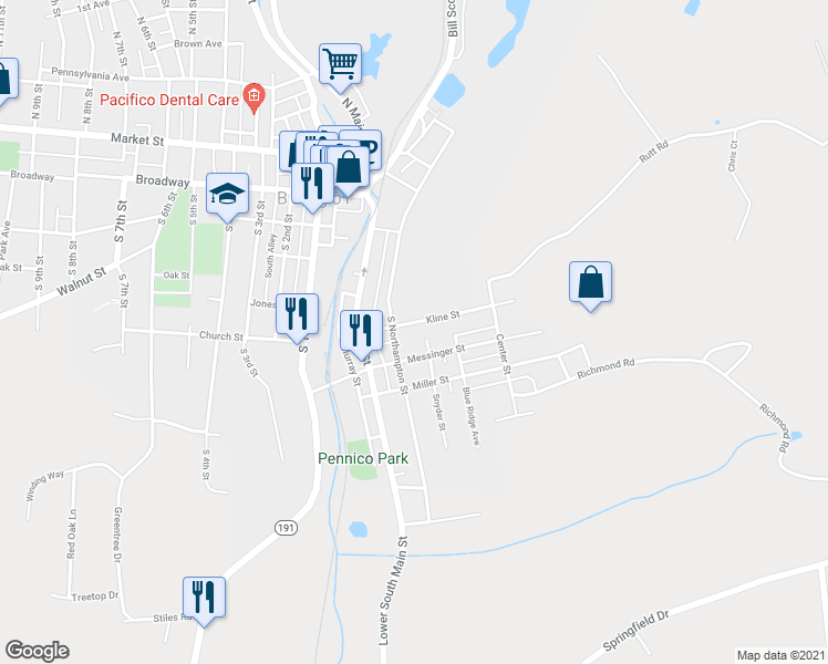 map of restaurants, bars, coffee shops, grocery stores, and more near 128 Kline Street in Bangor