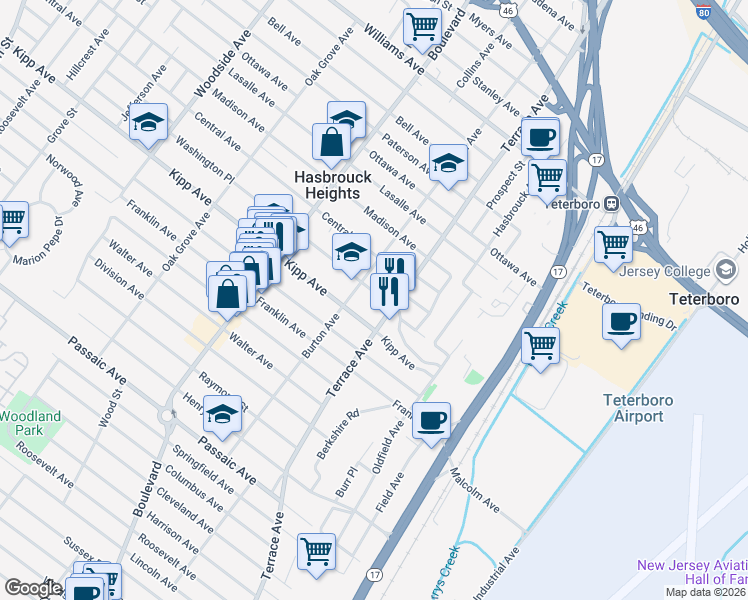 map of restaurants, bars, coffee shops, grocery stores, and more near 318 Washington Place in Hasbrouck Heights