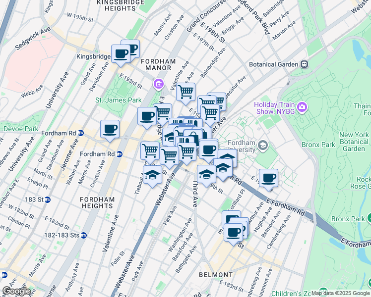 map of restaurants, bars, coffee shops, grocery stores, and more near 386 East Fordham Road in Bronx