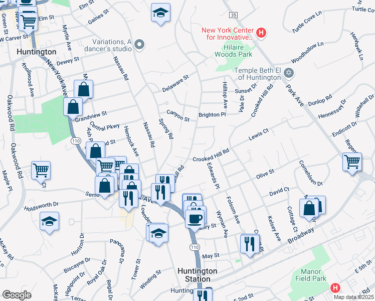 map of restaurants, bars, coffee shops, grocery stores, and more near 32 Woodhull Road in Huntington