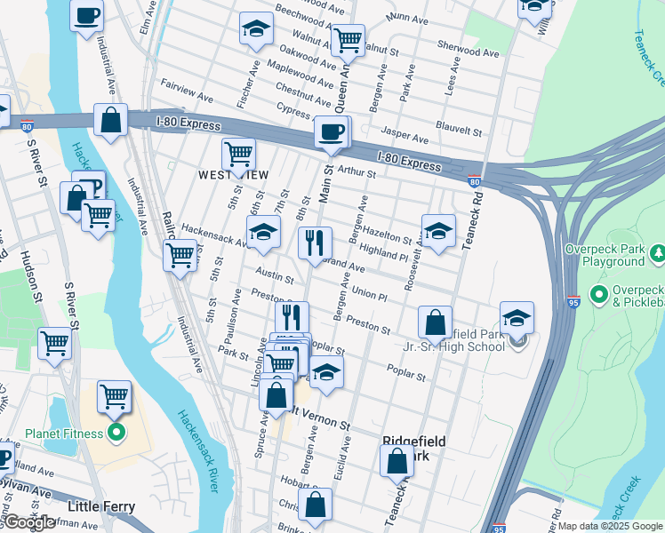 map of restaurants, bars, coffee shops, grocery stores, and more near 2 Union Place in Ridgefield Park