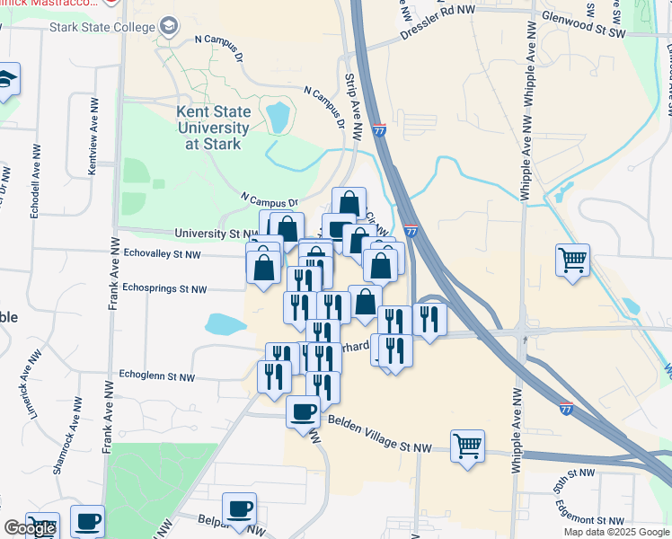map of restaurants, bars, coffee shops, grocery stores, and more near 5496 Dressler Road Northwest in North Canton