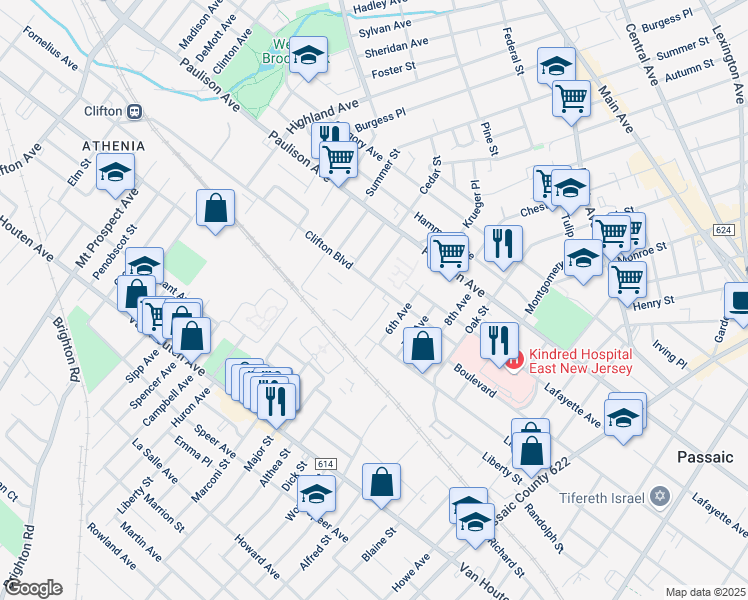 map of restaurants, bars, coffee shops, grocery stores, and more near 1 Clifton Boulevard in Clifton