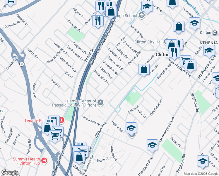 map of restaurants, bars, coffee shops, grocery stores, and more near 195 Pershing Road in Clifton