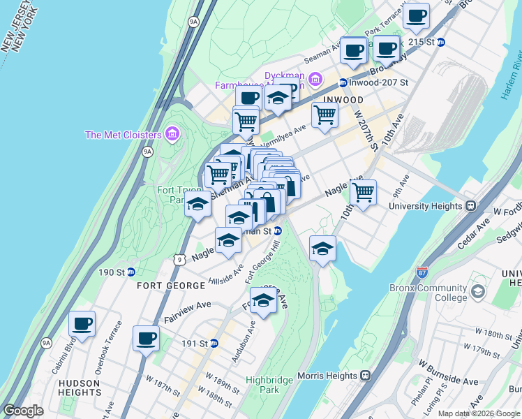 map of restaurants, bars, coffee shops, grocery stores, and more near 14 Thayer Street in New York