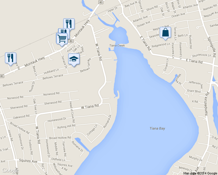 map of restaurants, bars, coffee shops, grocery stores, and more near 73 West Tiana Road in Hampton Bays