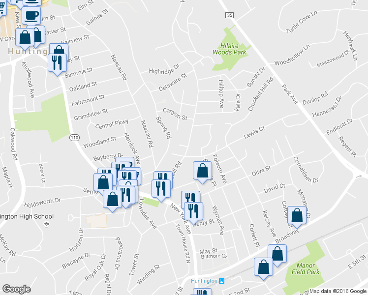 map of restaurants, bars, coffee shops, grocery stores, and more near 32 Woodhull Road in Huntington