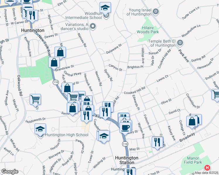 map of restaurants, bars, coffee shops, grocery stores, and more near 339 Spring Road in Huntington