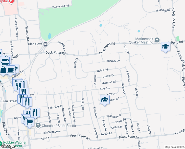map of restaurants, bars, coffee shops, grocery stores, and more near 8 Ridge Drive in Glen Cove