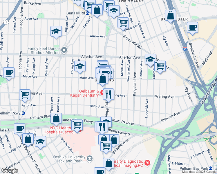 map of restaurants, bars, coffee shops, grocery stores, and more near 2413 Eastchester Road in Bronx