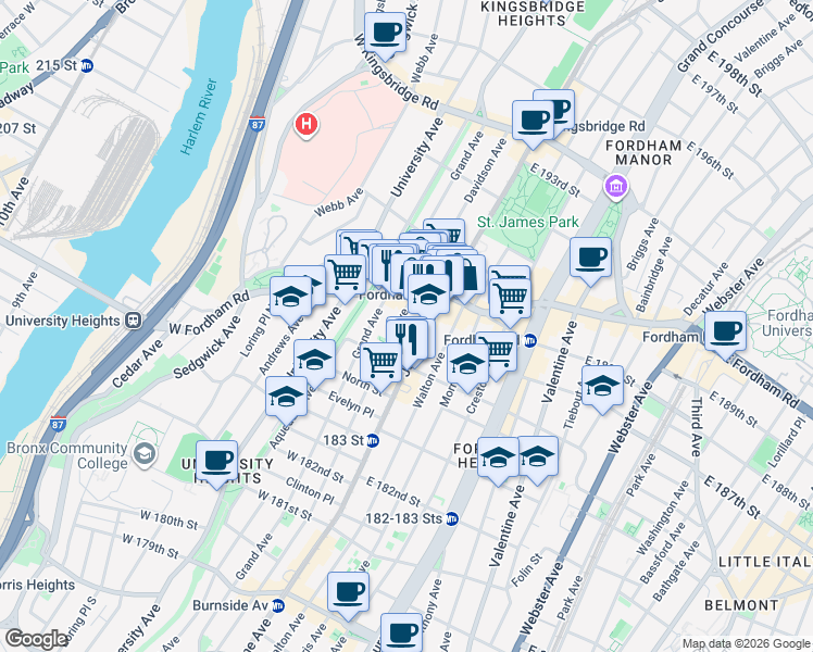 map of restaurants, bars, coffee shops, grocery stores, and more near 2411 Jerome Avenue in Bronx