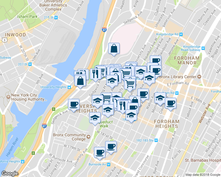map of restaurants, bars, coffee shops, grocery stores, and more near 2300 Loring Place North in Bronx