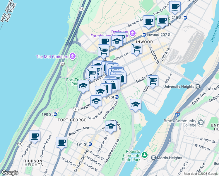 map of restaurants, bars, coffee shops, grocery stores, and more near in New York