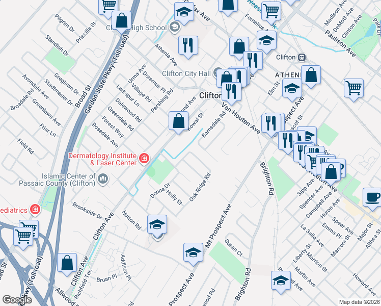 map of restaurants, bars, coffee shops, grocery stores, and more near 25 Oak Ridge Road in Clifton