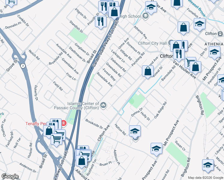 map of restaurants, bars, coffee shops, grocery stores, and more near 195 Pershing Road in Clifton