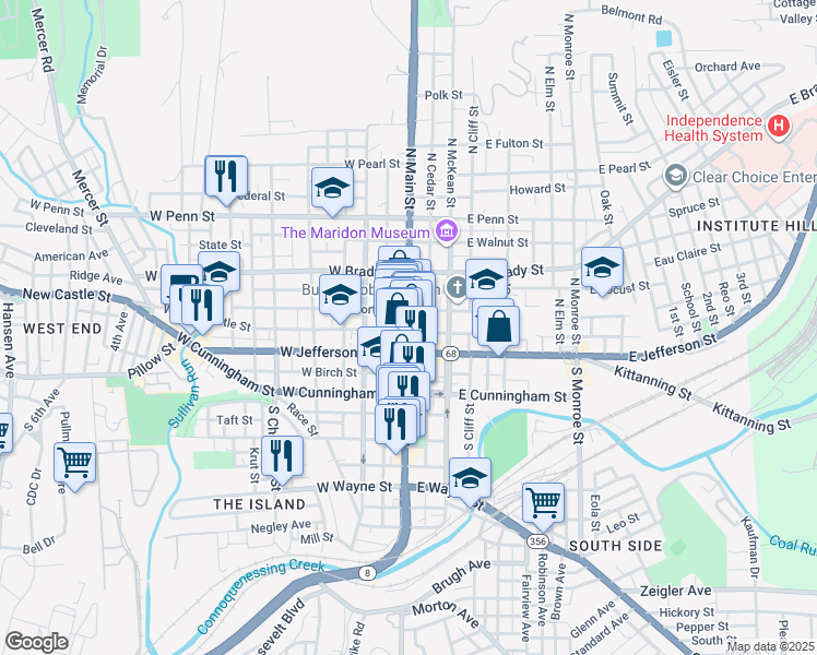map of restaurants, bars, coffee shops, grocery stores, and more near 117 North Main Street in Butler