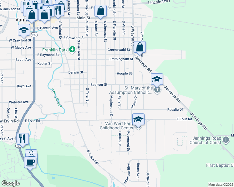 map of restaurants, bars, coffee shops, grocery stores, and more near 733 Perry Street in Van Wert