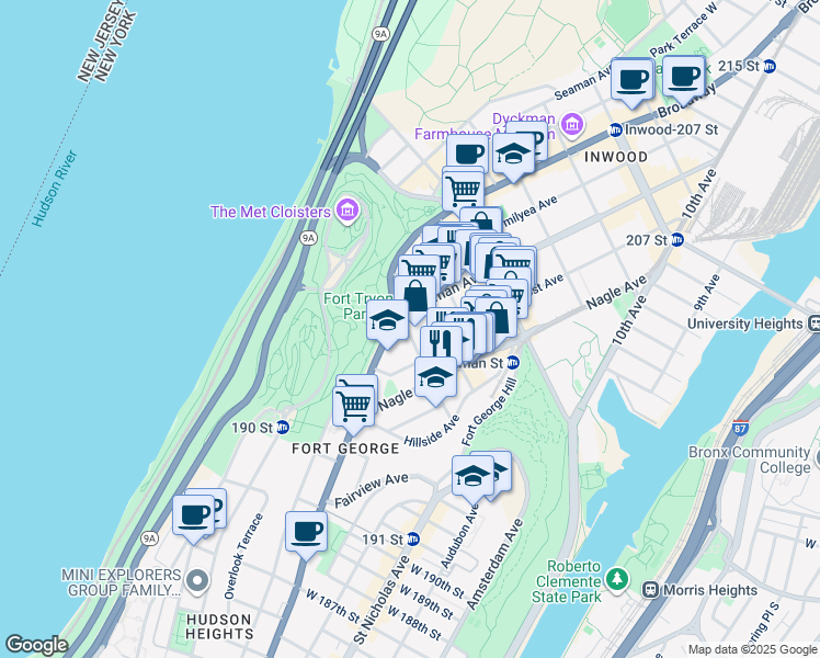 map of restaurants, bars, coffee shops, grocery stores, and more near 107 Ellwood Street in New York