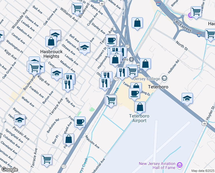 map of restaurants, bars, coffee shops, grocery stores, and more near 329 New Jersey 17 in Hasbrouck Heights