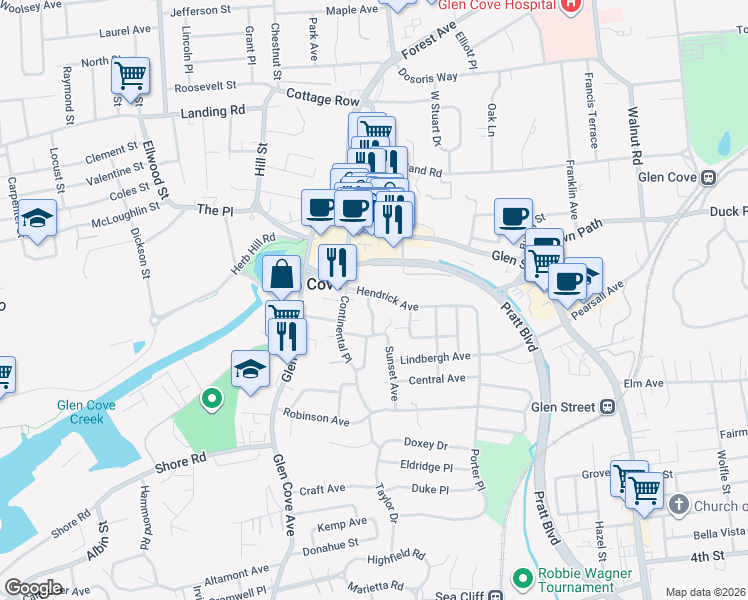 map of restaurants, bars, coffee shops, grocery stores, and more near 10 Hendrick Avenue in Glen Cove
