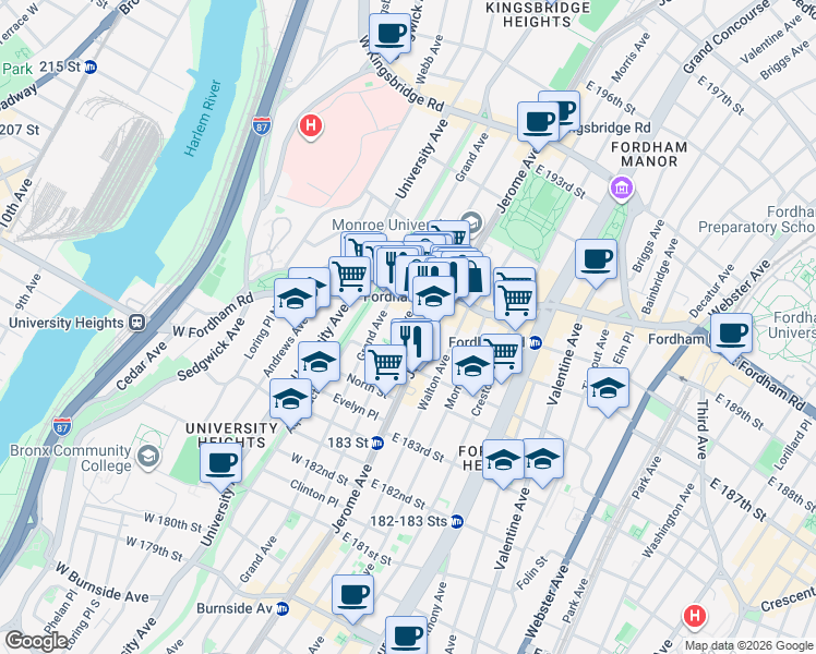 map of restaurants, bars, coffee shops, grocery stores, and more near 2411 Jerome Avenue in Bronx