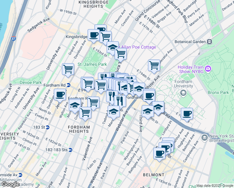 map of restaurants, bars, coffee shops, grocery stores, and more near 321 East Fordham Road in The Bronx
