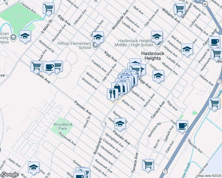 map of restaurants, bars, coffee shops, grocery stores, and more near 141 Walter Avenue in Hasbrouck Heights