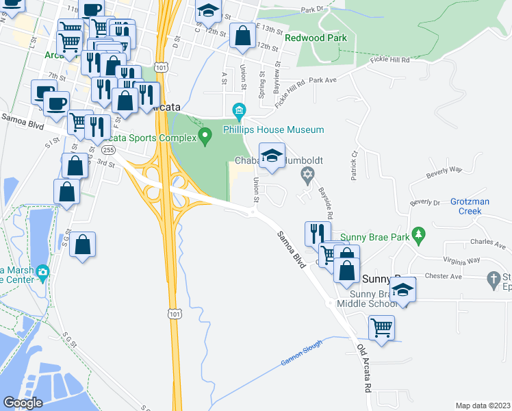 map of restaurants, bars, coffee shops, grocery stores, and more near 325 Union Street in Arcata