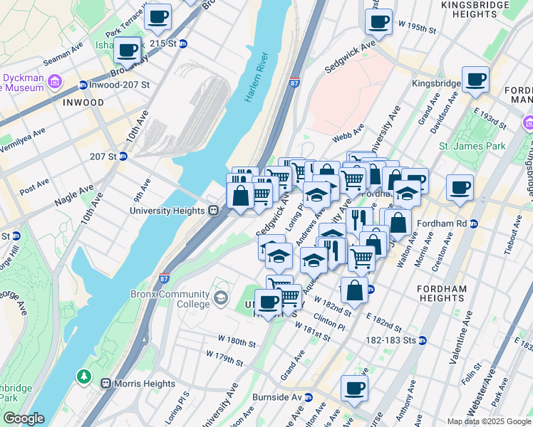 map of restaurants, bars, coffee shops, grocery stores, and more near 236 West Fordham Road in The Bronx