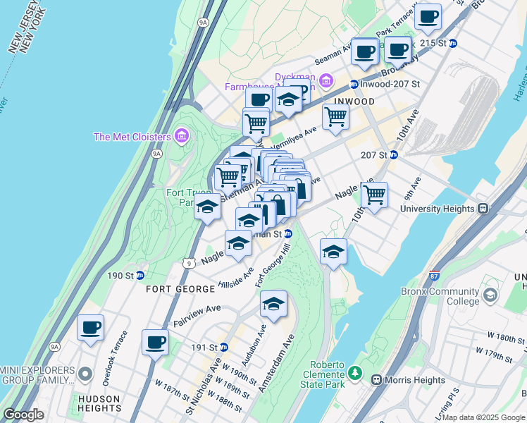 map of restaurants, bars, coffee shops, grocery stores, and more near 25 Arden Street in New York