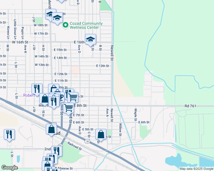 map of restaurants, bars, coffee shops, grocery stores, and more near 703 East 10th Street in Cozad