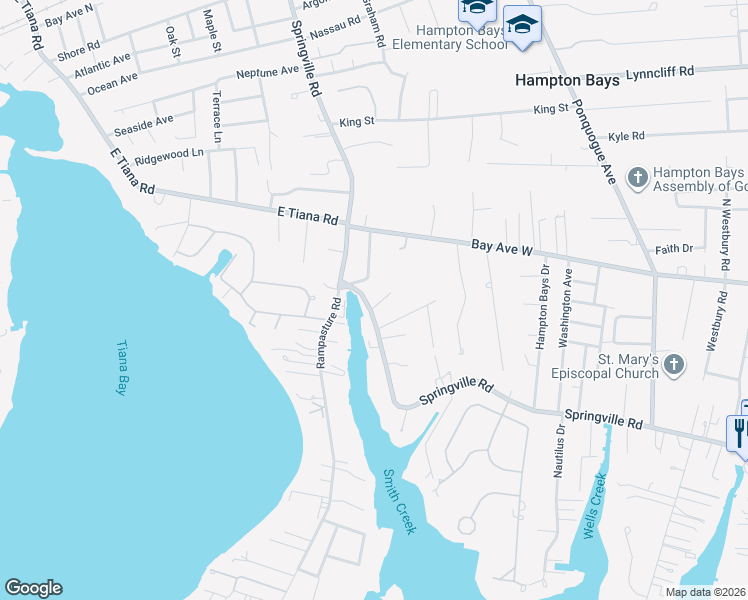 map of restaurants, bars, coffee shops, grocery stores, and more near 165 Springville Road in Hampton Bays