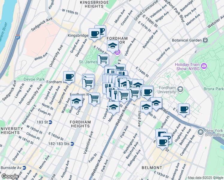 map of restaurants, bars, coffee shops, grocery stores, and more near 321 East Fordham Road in The Bronx