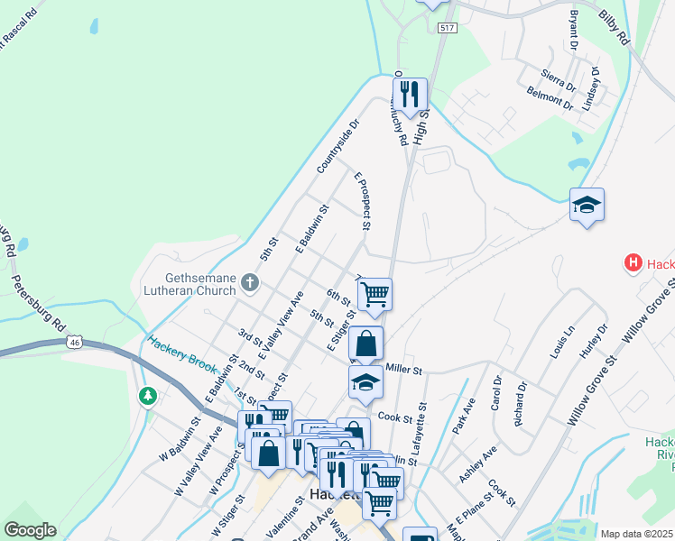 map of restaurants, bars, coffee shops, grocery stores, and more near 611 East Prospect Street in Hackettstown