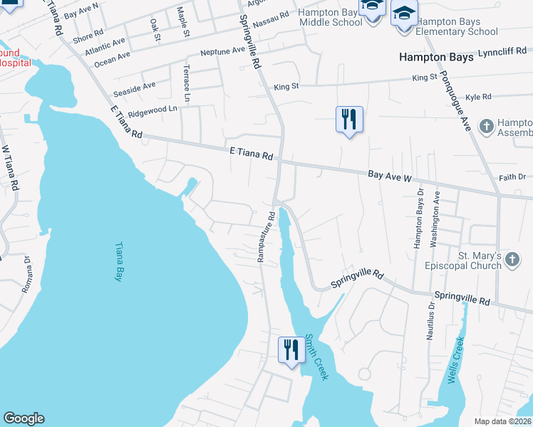 map of restaurants, bars, coffee shops, grocery stores, and more near 10 Rampasture Road in Hampton Bays