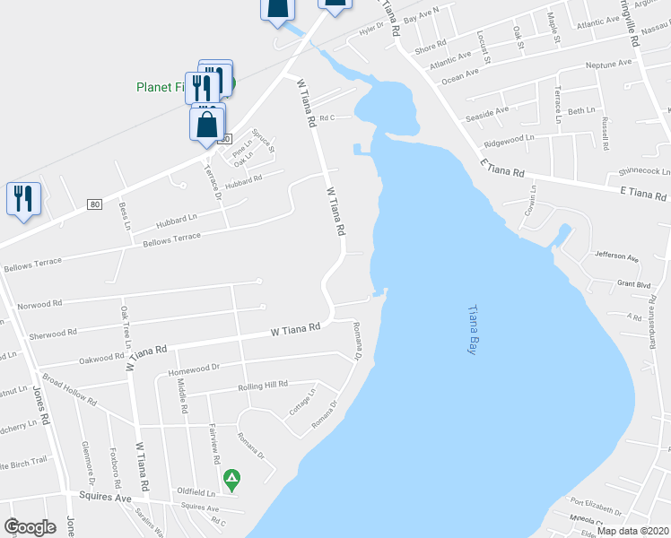 map of restaurants, bars, coffee shops, grocery stores, and more near 73 West Tiana Road in Hampton Bays