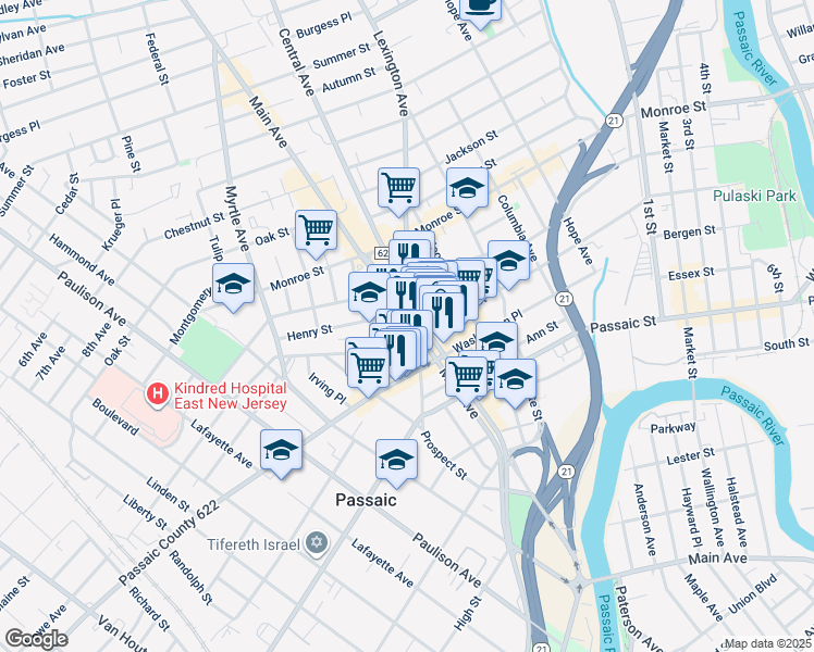 map of restaurants, bars, coffee shops, grocery stores, and more near 181 Prospect Street in Passaic